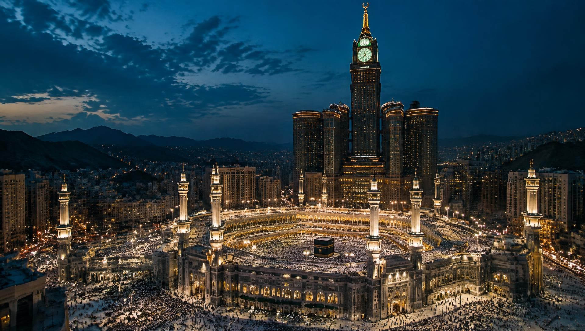Masjid al-Haram and Makkah Clock Tower at night